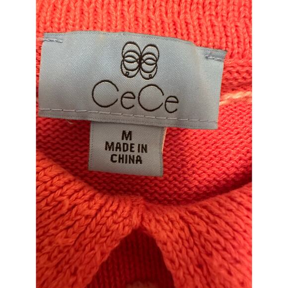 CeCe Pleat Sleeve Collared Pom Pom Sweater Pink/White Sz Medium - Picture 8 of 8